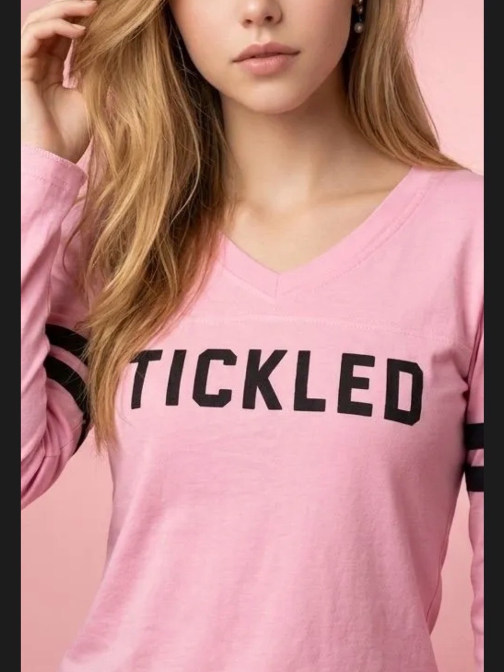 Women’s Pink V-Neck Long-Sleeve Tee with 'TICKLED' Graphic
